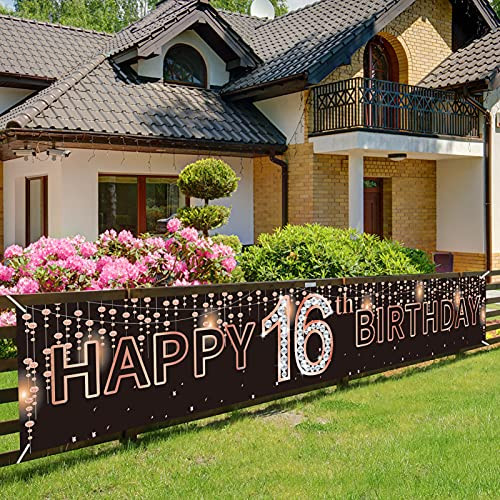 Luxiocio Happy 16th Birthday Banner Decorations Supplies for Girl Rose Gold 16 Year Old Birthday Party Decor Happy Sixteen Birthday Sign for Outdoor Indoor