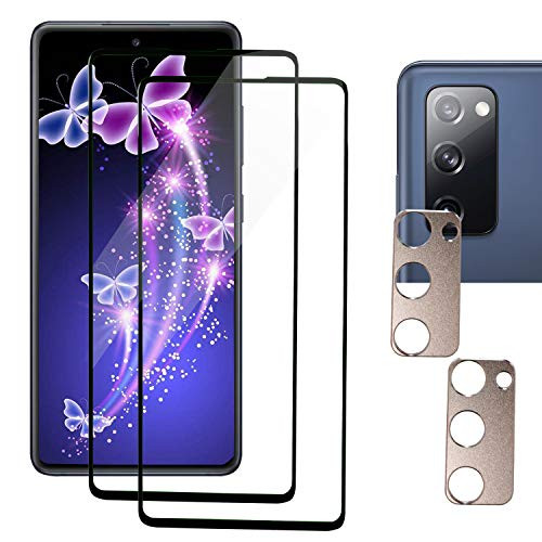 2 Pack S20 FE Screen Protector with 2 Pack Camera Metal Protector for Samsung Galaxy S20 FE 5G 6.59H Hardness Tempered Glass HD Clear Anti Scratch Bubble Free Case Friendly Full Screen Protection -Gold-