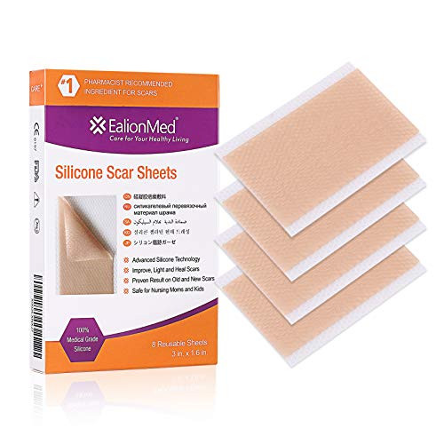 EalionMed Silicone Scar Sheets Scar Away Scar Removal Treatment for Hypertrophic Scar Keloid Scar C-section scar Surgery Scar Burn Scars Acne Scars Treatment 3'' x 1.6'' 8 Sheets Pack