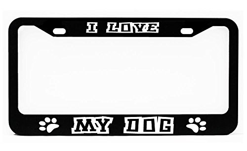 Huck K Custom I Love My Dog paw pet Glossy Black License Plate Frame