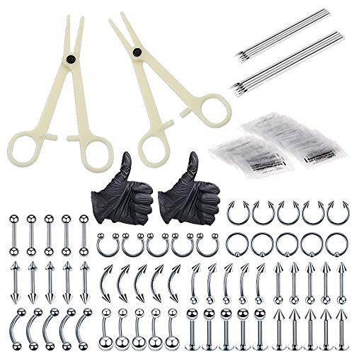 Jconly Piercing Kit - 94Pcs Professional Body Piercing Kit Piercing Needles 14G16G Piercing Clamps Belly Ring Tongue Tragus Nipple Nose Body Piercing Tools  