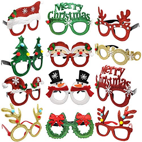 12 Pack Christmas Glasses Christmas Glitter Party Glasses Frame Costume Eyeglasses Creative Funny Eyewear Reindeer Antler Santa Xmas for Christmas Party Photos Booth Holiday New Years Decoration