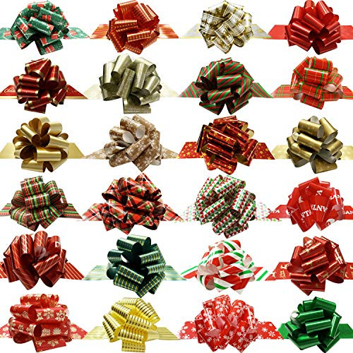 LilyBox 24 Pieces Christmas Wrap Bows with Ribbon Gift Wrapping Pull Bows Accessory for Present Gifts Wine Bottles Book Decorations -24-