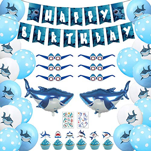 Shark Birthday Decorations Party Supplies Shark Birthday Banner 24pcs Shark Balloons 2pcs Mylar Foil Shark Balloons 6pcs Shark Glasses 6pcs Cupcake Toppers and 2 Sheet Stickers Ocean Party Favors