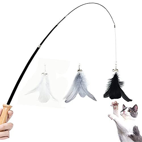 IUHKBH Cat Toys Interactive Cat Feather Wand 1 pc Retractable Cat Wand Toy  and  3 pcs Replacement Feather Toys for Cat Kitten Having Fun Exerciser Playing