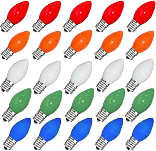 Goothy 25 Pack C7 Multicolor Christmas Replacement Bulbs Multicolor Ceramic Light Bulbs for Christmas Outdoor Patio Indoor String Lights C7-E12 Candelabra Base 5 Watt- Multicolor