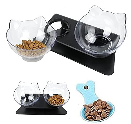 Cat Elevated Double Transparent Plastic BowlPet Feeding Bowl  Raised The Bottom for Cats and Small Dogs ?Cute Cat Face Double Bowl -Black Base plus2 Bowls-