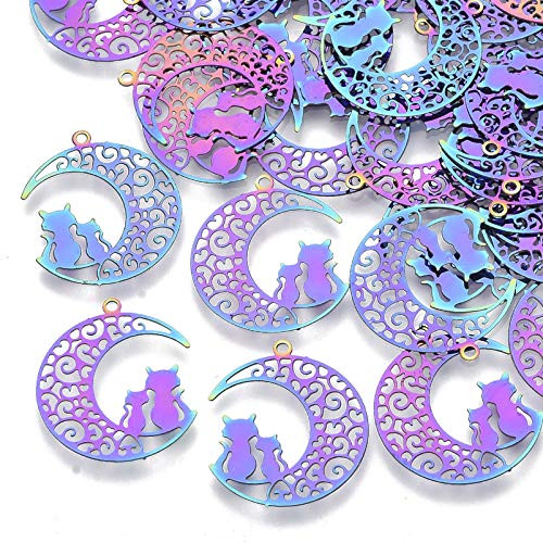 Fashewelry 50Pcs Colorful Filigree Crescent Moon Cat Pendants Stainless Steel Multi-Color Hollow Half Moon Charms 22x19mm for Jewelry Necklace Keyring Making Hole- 1.2mm Fashewelry 50Pcs Colorful Filigree Crescent Moon Cat Pendants Stainless Steel Multi-Color Hollow Half Moon Charms 22x19mm for Jewelry Necklace Keyring Making Hole- 1.2mm