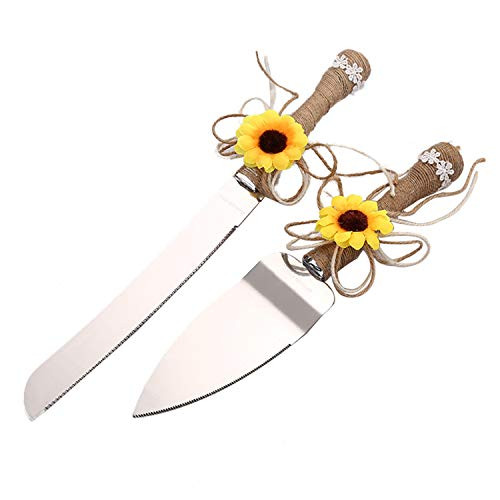 TANG SONG Rustic Wedding Cake Knife and Serving Set with Sunflower Burlap Lace Wedding Cake Knife -Set of 2-