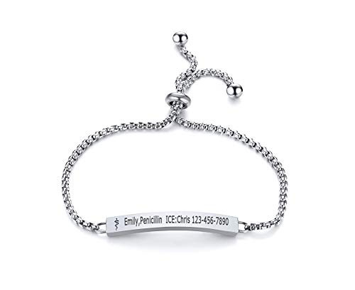VNOX Free Custom Engraving Belcher Chain Medical Alert Emergency ID Charm Bracelets Adjustable for Women Gilrs5-9 Inches