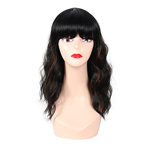 Lynlyshan Black Mix Brown Wigs Natural wave Synthetic Curly Short Bob Wig with Bangs Women's Shoulder Length Wavy Wigs with Bangs Heat Resistant Fiber Hair Wigs 14 Inch