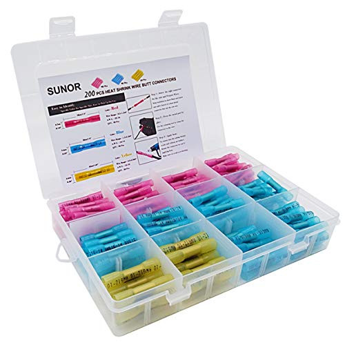 200Pcs Heat Shrink Butt Connectors Kit SUNOR Insulated Waterproof Marine Automotive Grade Terminal Set Electrical Wire Crimp Connector Assortment 10-22 AWG with case -Heat Shrink Connector-