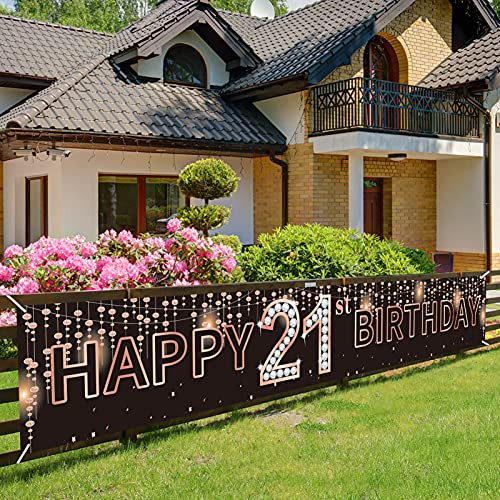 21st Birthday Banner Backdrop Decorations for Women Rose Gold Happy 21 Birthday Party Sign Supplies for Her 21 Year Old Birthday Photo Booth Props Decor
