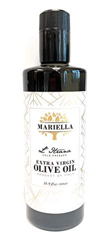 Extra Virgin Olive Oil  16.9 fl oz 500 ml  100 percent Italian Oil  by Mariella  Made with L'Itrana Olives  For Tasting Dipping Salads Marinades or Cooking