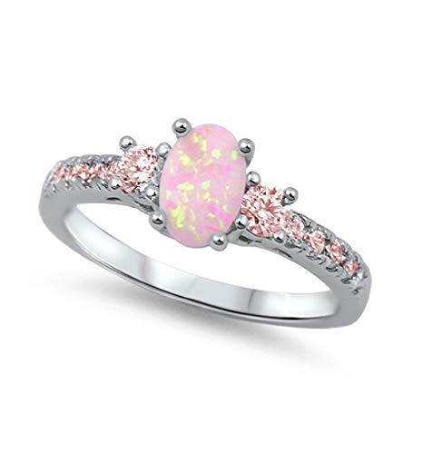 CloseoutWarehouse Pink Simulated Oval Opal Pink Cubic Zirconia Ring Sterling Silver Size 7