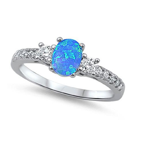 CloseoutWarehouse Oval Center Blue Simulated Opal Ring 925 Sterling Silver Size 7