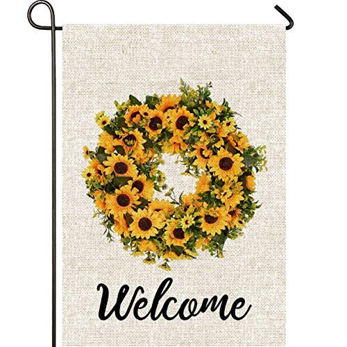 Mogarden Sunflower House Flag Double Sided 28 x 40 Inch Premium Burlap Large Decorative Wreath Welcome Spring Summer Outdoor Flag