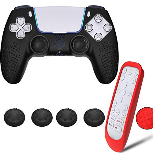 PS5 Controller Grip Cover with PS5 Media Remote Cover Red Silicone PS5 Cover with 4 Thumb Grips and Red Silicone Playstation 5 Remote Control Protection Case Full 360 Protective for PS5