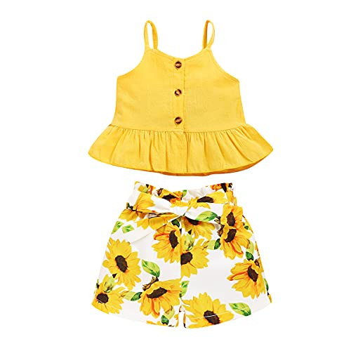 Kucnuzki Toddler Baby Girl Clothes Summer Outfits Ruffle Sleeveless Linen Shirt Kid Short Set for Girl -12-18 Months Yellow White-