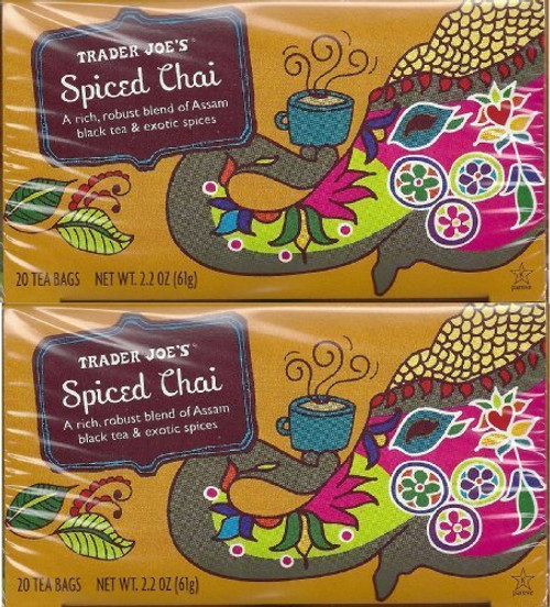 Trader Joe's Spiced Chai -A Rich Robust Blend of Assam Black Tea  and  Exotic Spices- 20 Tea Bags -2-Pack- by Trader Joe's -Foods-