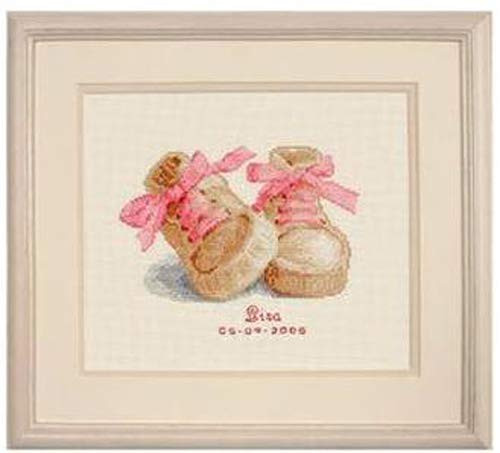 Joyautum Baby Boots Birth Record 14CT Count  and  11CT Stamped DIY Cross Stitch Kits for Embroidery Cartoon Boy Girl Gift Needlework -Pink14CT Count-