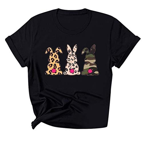 Hotkey Womens Short Sleeve Tops Easter Blouse Animal Pattern Bunny Print Easter Solid O-Neck Plus Size T Shirt Tee Top Black