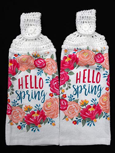 HELLO SPRING - 2 HANDMADE CROCHET TOP HANGING KITCHEN TOWELS