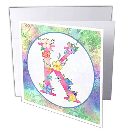 3dRose Pretty Whimsical Pink Flower Monogram Initial K - Greeting Cards -gc-340793-5-