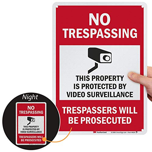 SmartSign 14 x 10 inch No Trespassing - Property Protected by Surveillance Trespassers Prosecuted Metal Sign 40 mil Aluminum Engineer Grade Reflective Material Red Black and White