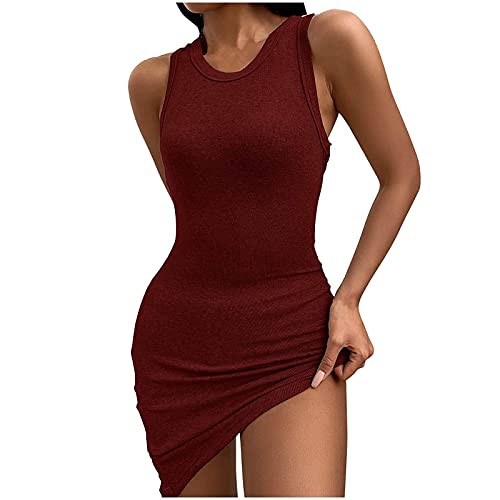 Women Casual Solid Mini Dress Summer Sleeveless O-Neck Slim Tank Dress Night Party Prom Sexy Slim Package Hip Dress