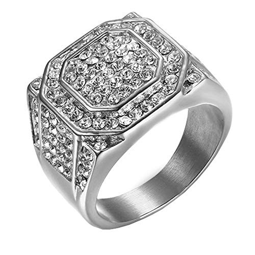 Oakky Men's Stainless Steel Hip Hop Punk Iced Out Cubic Zirconia Square Rings Micro Pave CZ Wedding Bands Silver 02 Size 11