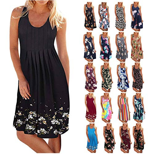 Summer Dresses for Women Women's Floral Printed Sleeveless Casual Cocktail Party Mini Dress A Line Dress Sundress-Leirke-A-BlackL-