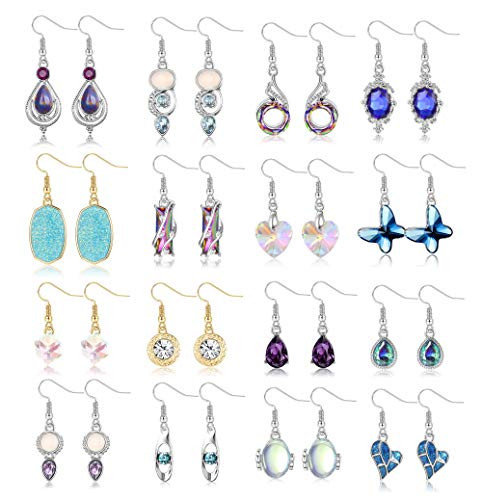 FIBO STEEL 16 Pairs Drop Dangle Earrings Set for Women Multicolor Crystal Dangle Earrings Boho Earrings Teardrop Phoenix Heart Dangle Earring Valentine's Day Birthday Gifts