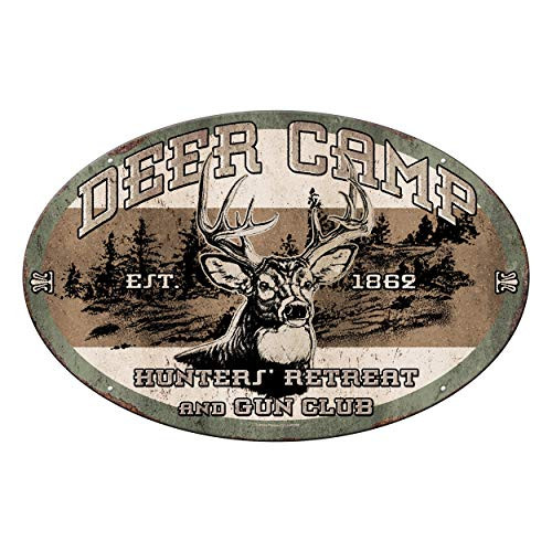 River's Edge Products Oval Tin Sign Deer Camp Weatherproof with Pre-Punched Holes for Hanging 12 by 17 Inches