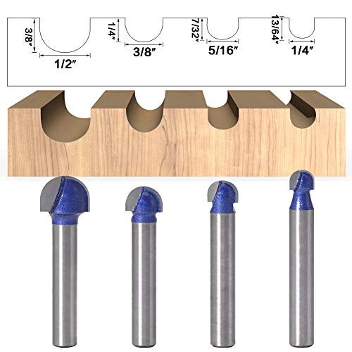 Buwico 4PCS 1-4 Inch Shank Cove Box Router Bit Cutting Diameter Solid Carbide Double Flute Core Box Round Nose Woodworking Tool