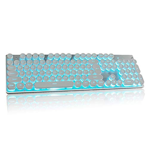 Mechanical Feel Typewriter Keyboard Retro Steampunk Keyboard 104 Keys Anti Ghosting Backlit Keyboard Typewriter Retro Style Round Keycaps PC Mac (White)