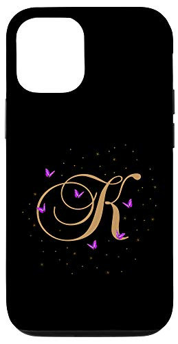iPhone 12-12 Pro Romantic Butterfly Initial Letter K Purple Monogram Case