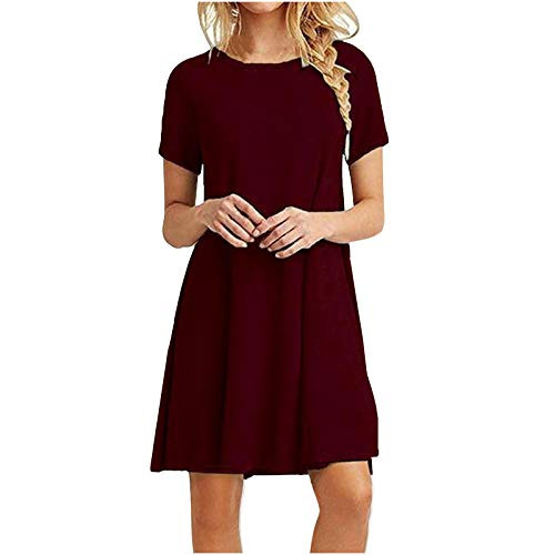 Dresses for Womens Summer Dress Women Casual Short Sleeve O-Neck Solid Color Printed Ladies Loose Mini Dress Wine Dresses for Womens Summer Dress Women Casual Short Sleeve O-Neck Solid Color Printed Ladies Loose Mini Dress Wine
