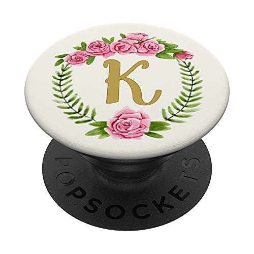 K Letter Monogram Monogrammed Pretty Pink Phone grip Roses PopSockets Grip and Stand for Phones and Tablets