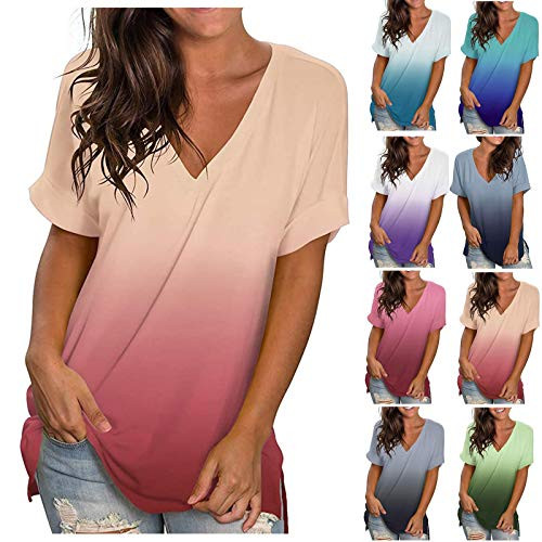 Fankle Womens Casual V Neck T Shirts Roll Up Short Sleeve Loose Solid Color Tunic Casual Plus Size Basic Tees Henley Tops-GWineXXL-