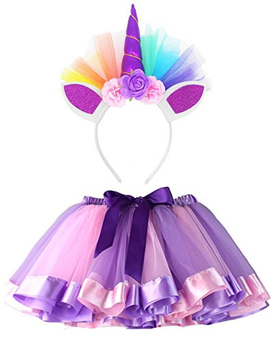 LYLKD Little Girls Layered Rainbow Tutu Skirts with Unicorn Horn Headband