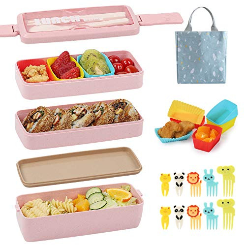 Bento Box for Kids with Silicone Cupcake Baking Cups  and  Food Picks for Kids3-In-1 Compartment Lunch Box Wheat Straw Eco-Friendly Bento Lunch Box with Dividers Meal Prep Containers for Kids - Pink-