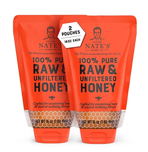 Nature Nate's 100 percent Guarantee Pure Raw  and  Unfiltered Honey No-Drip Sustainable Squeeze Pouch and Additives Orange 16 Oz -Pack of 2-