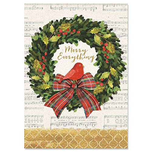 Merry Wreath Personalized Christmas Cards - Set of 18 Themed Holiday Greeting Card Large 5 x 7 Inch Size Envelopes Included