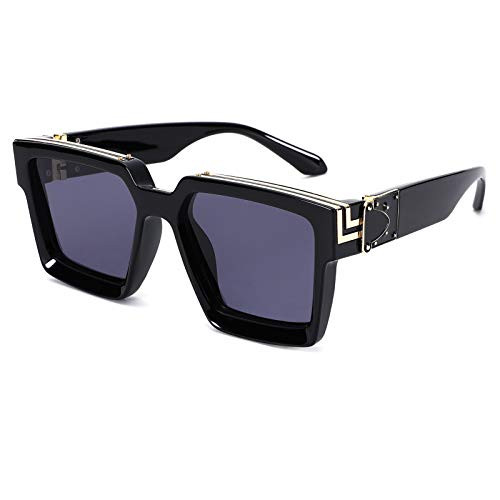 Thick Frame Square Sunglasses for Men Women Retro Sun Glasses UV400 Protection Fashion Trendy Style -Black Frame-Black Lens-