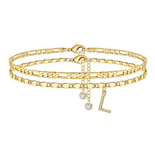 Ursteel Initial Ankle Bracelets for Women 14K Gold Plated Ankle Bracelet with Initial L Dainty Adjustable Figaro Chain CZ Initial Gold Anklets for Women Teen Girls