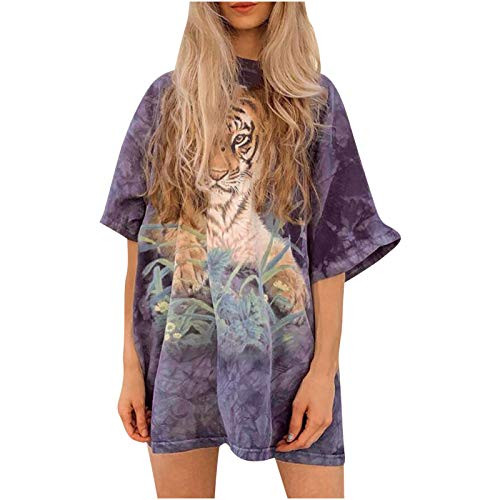 Womens Short Sleeve Tiger Printing Shirts O-Neck Blouse Tops Casual Pullover T-Shirts Purple