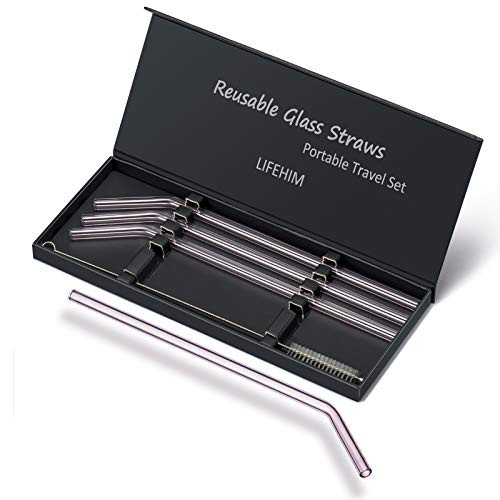 Reusable Straws Glass Drinking Smoothie - Long Glass Straw BPA Free with Portable Case 4 Pack with Metal Cleaning Brush Eco Friendly for Drinking Glasses Water Bottle and Tumbler with Straw