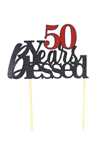 All About Details 50 Years Blessed Cake Topper, 1pc, 50th birthday, 50th anniversary, glitter topper, party decoration, photo props (Black & Red)