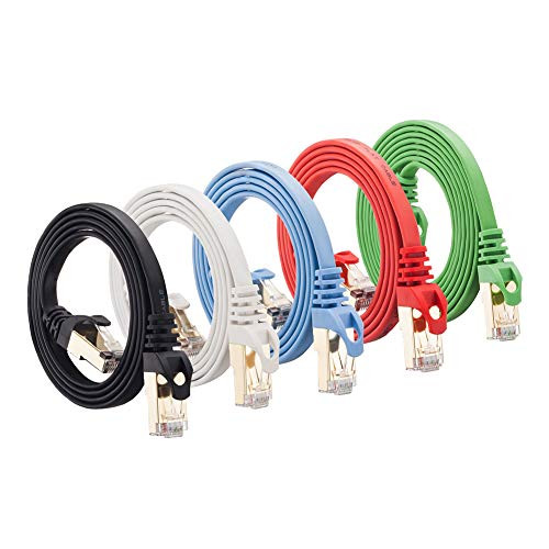5 Pack 10ft CAT7 Snagless RJ45 Ethernet Network LAN Flat UTP Patch Router Cable LAN Cable Cord Laptop Internet Cable for Modem, Router, LAN, Computer(Black/Blue/White/Red/Green) (10ft-5pack)
